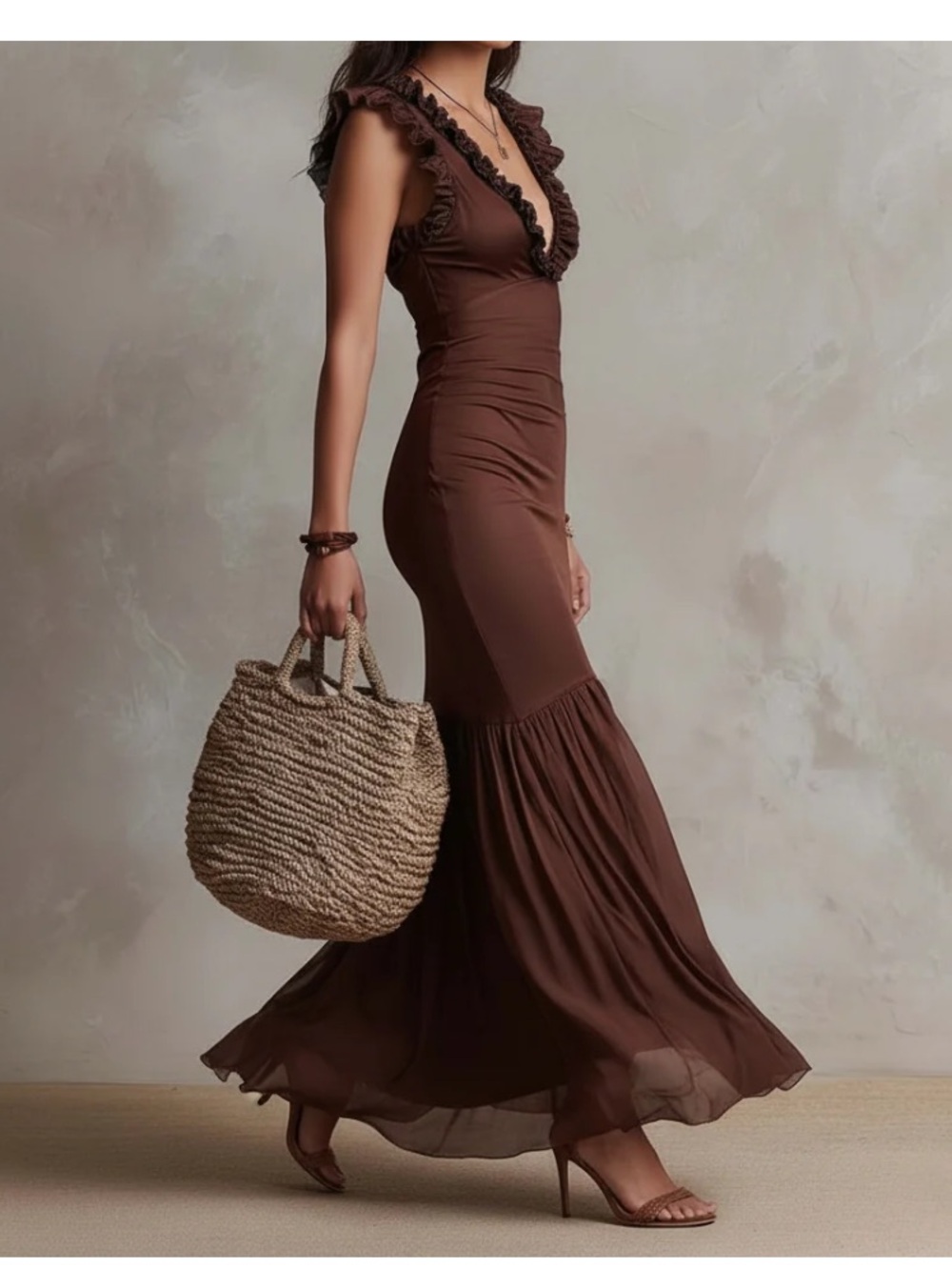 Chocolate Brown Ruffle V-Neck Maxi Dress